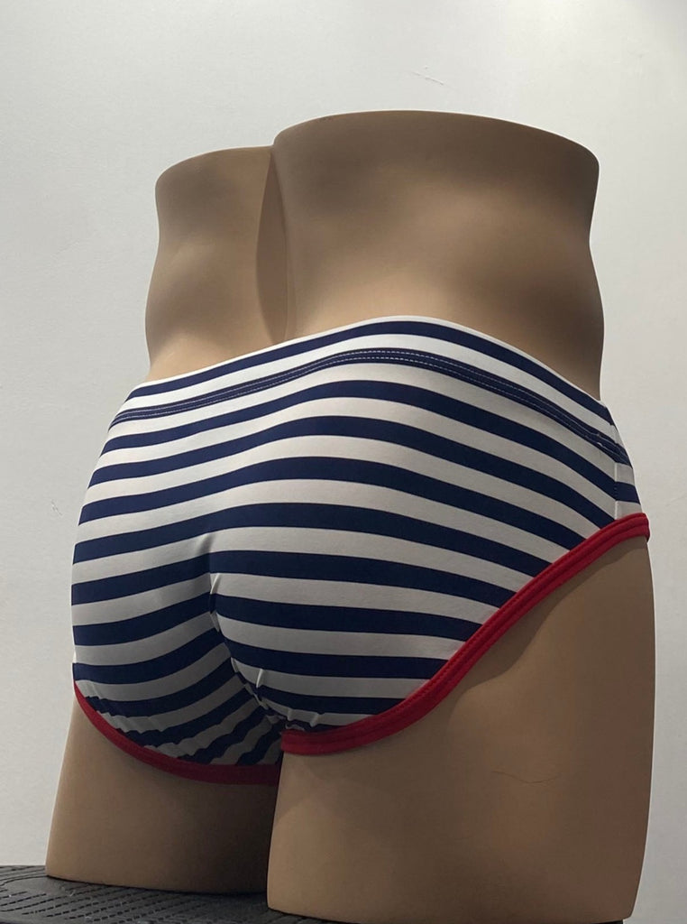 White swim brief as seen from the front, with horizontal blue stripes. Also there is red piping around both leg openings.