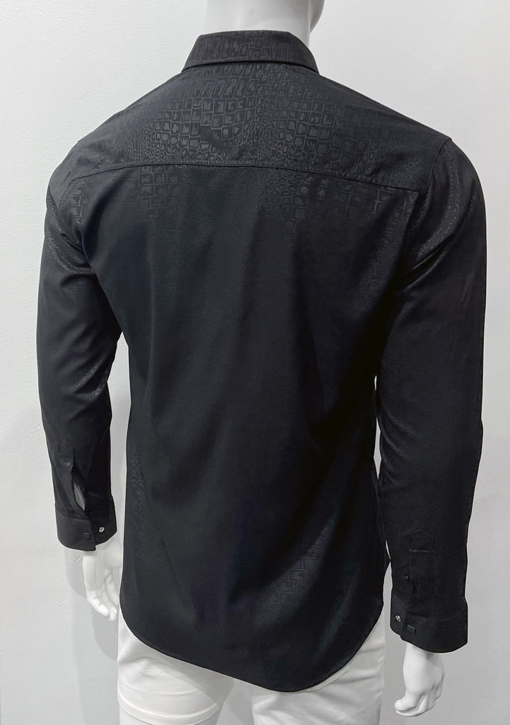 Black button-down, long-sleeved glossy shirt with a snakeskin texture, as seen from the back.