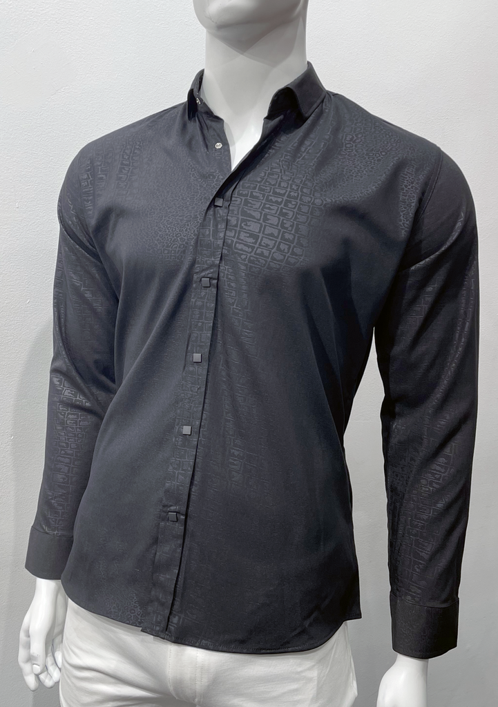 Black button-down, long-sleeved glossy shirt with a snakeskin texture, as seen from the front. 