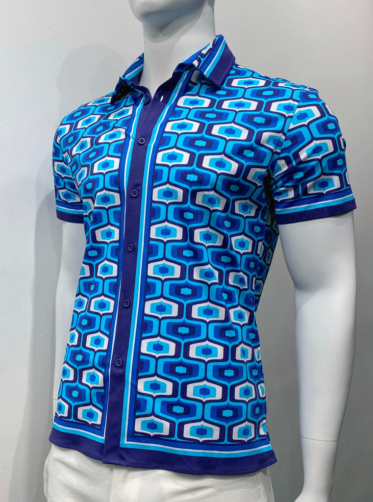 Short-sleeved button-down shirt as seen from the front. It has a violet, dark blue, royal blue, light blue and white mod graphic pattern of tops. The sleeve cuffs, collar and shirt hem are edged with a thin stripe made up of smaller stripes of white, light blue, royal blue, navy blue, and violet. The placket and buttons are violet, and flanked on both sides by light blue, white, royal blue and navy blue stripes.