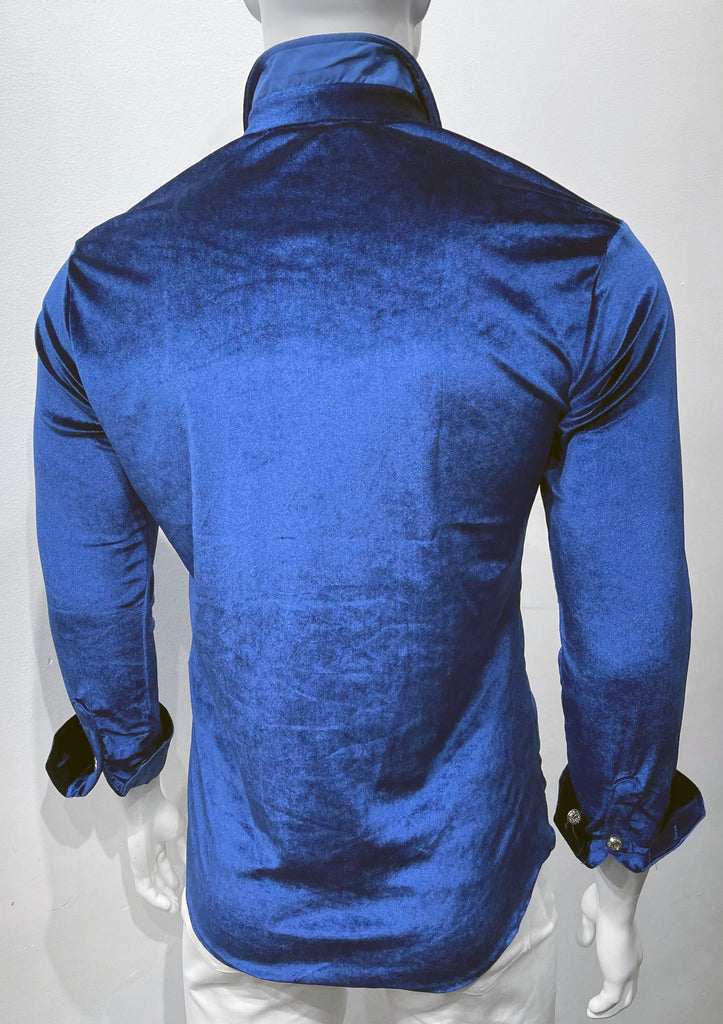 Blue velvet long-sleeve, button-down shirt as seen from the back.