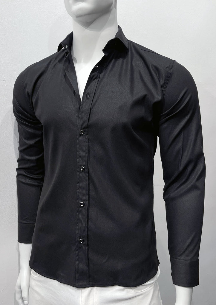 Black button-down, long-sleeved shirt as seen from the front.