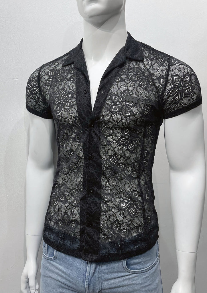 Black, short-sleeved, button-down floral lace shirt, as seen from the front.