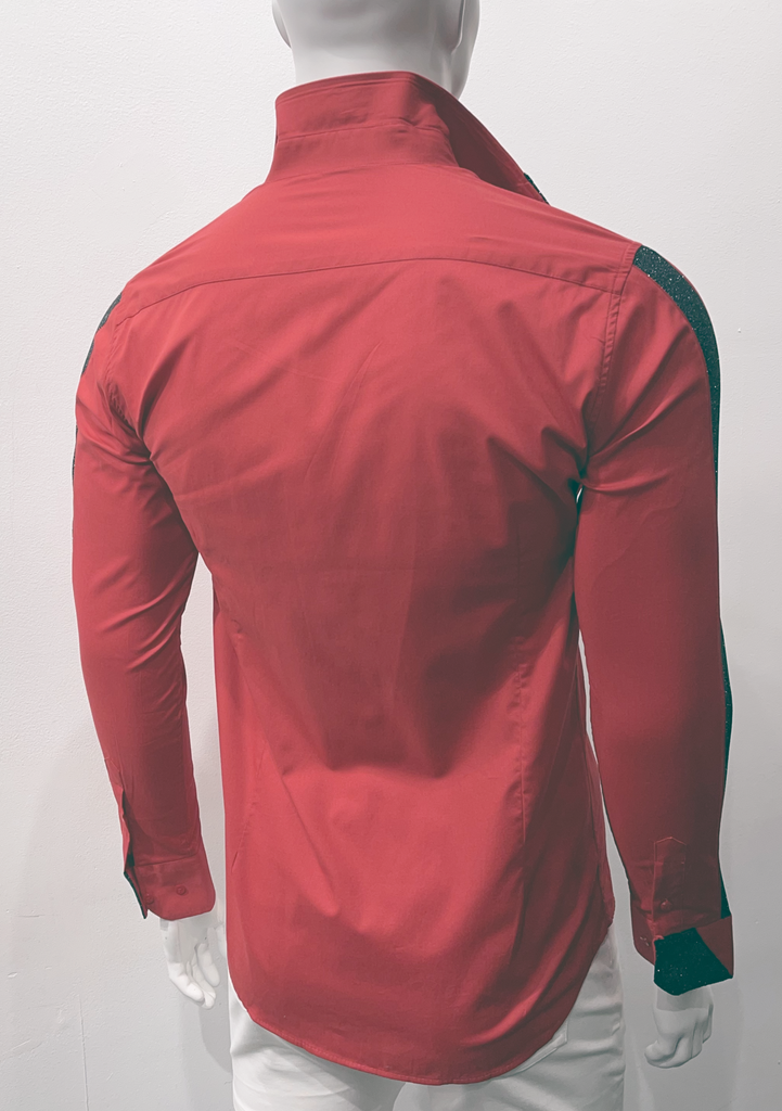 Red button-down, long-sleeved shirt as seen from the back. The right shirt sleeve shoulder and  shirt sleeve cuff has black, sparkly detailing on them.