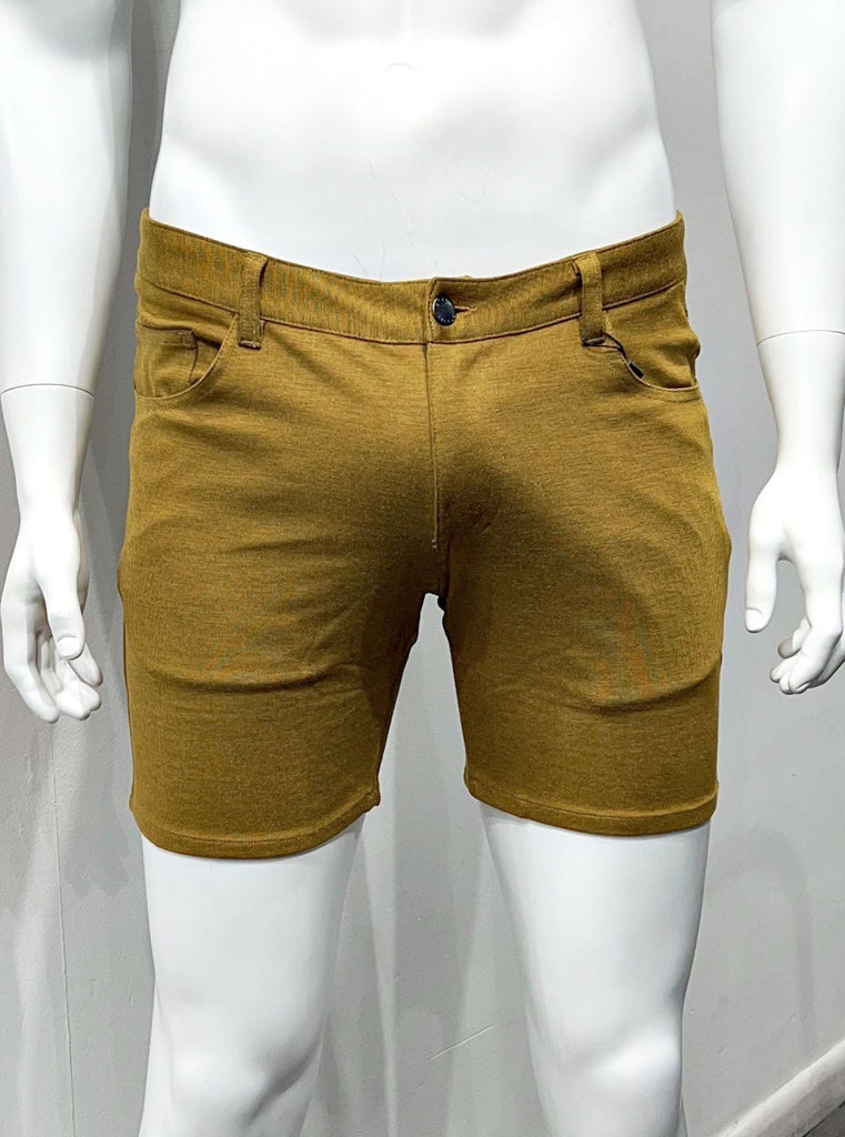 Butterscotch colored 5-pocket stretch knit shorts, as seen from the front.