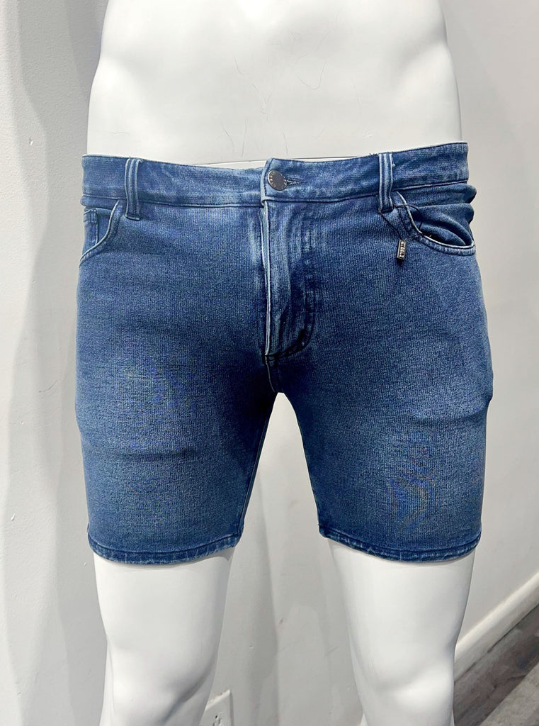 Vintage blue 5-pocket stretch denim shorts, as seen from the front.