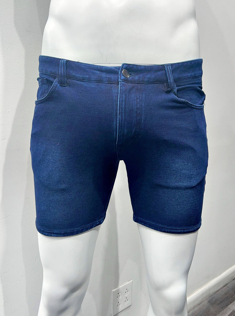 Deep blue 5-pocket stretch denim shorts, as seen from the front.