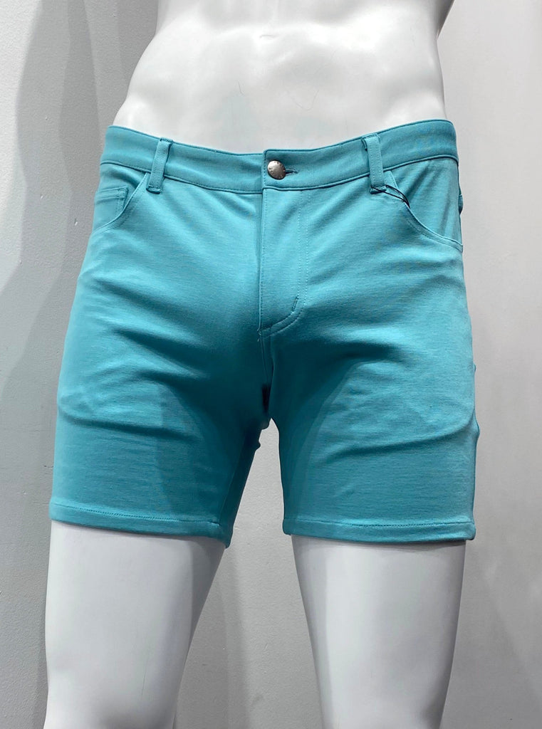 Nile teal, zip-front, 5-pocket stretch knit shorts, as seen from the front.