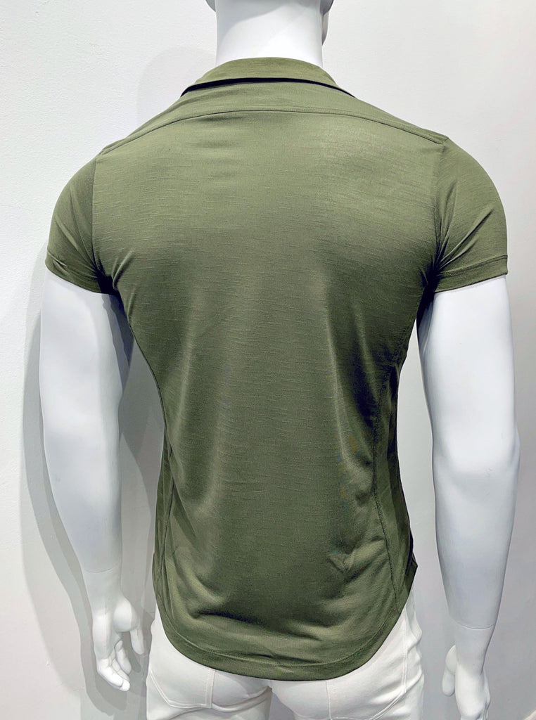 Khaki green short-sleeved button-down collared shirt as seen from the back.