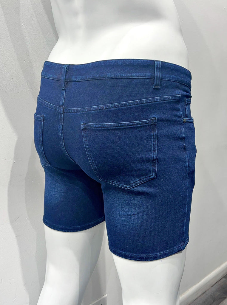 Deep blue 5-pocket stretch denim shorts, as seen from the back.
