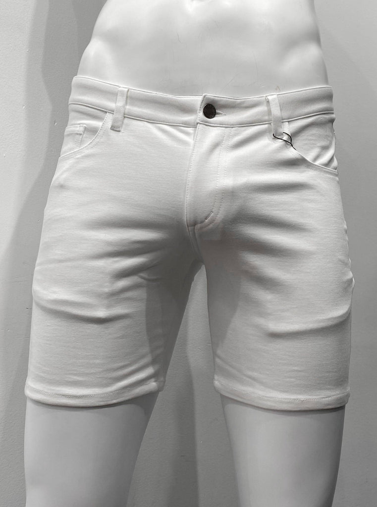 White, zip-front, 5-pocket stretch knit shorts, as seen from the front.