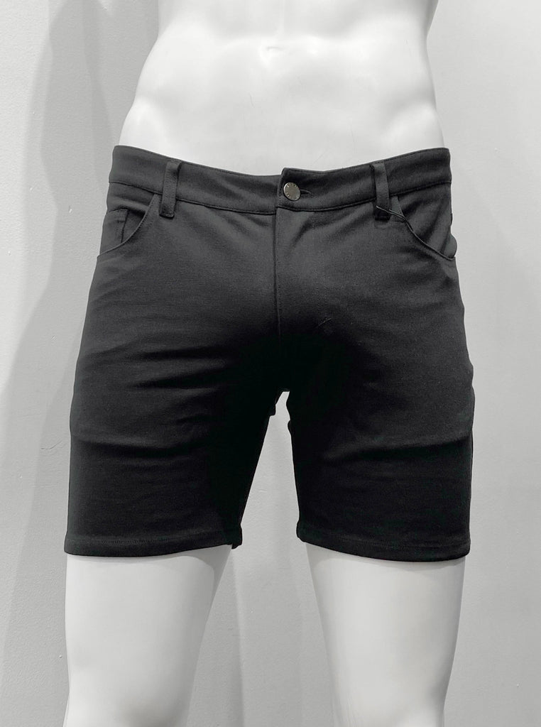 Black, zip-front, 5-pocket stretch knit shorts, as seen from the front.