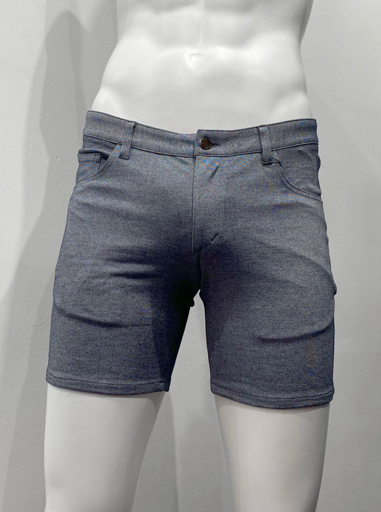 Grey, zip-front, 5-pocket stretch knit shorts, as seen from the front.