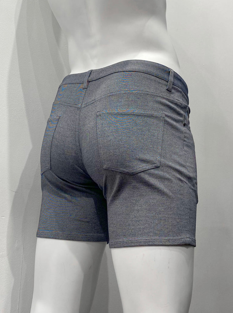 Grey, zip-front, 5-pocket stretch knit shorts, as seen from the back.