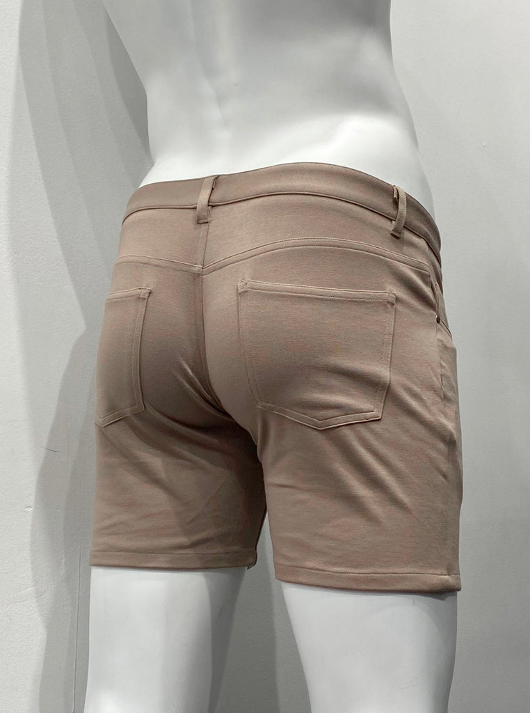 Khaki brown, zip-front, 5-pocket stretch knit shorts, as seen from the back.