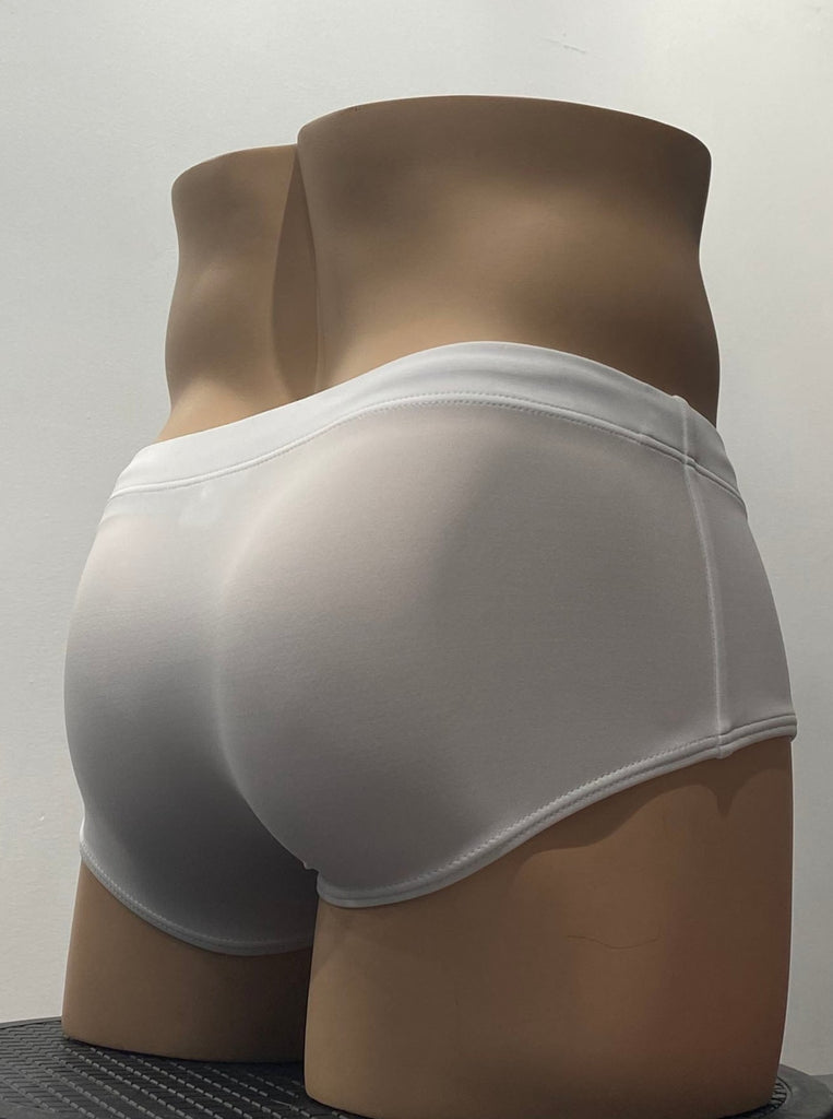 White sunga swim brief as seen from the back.