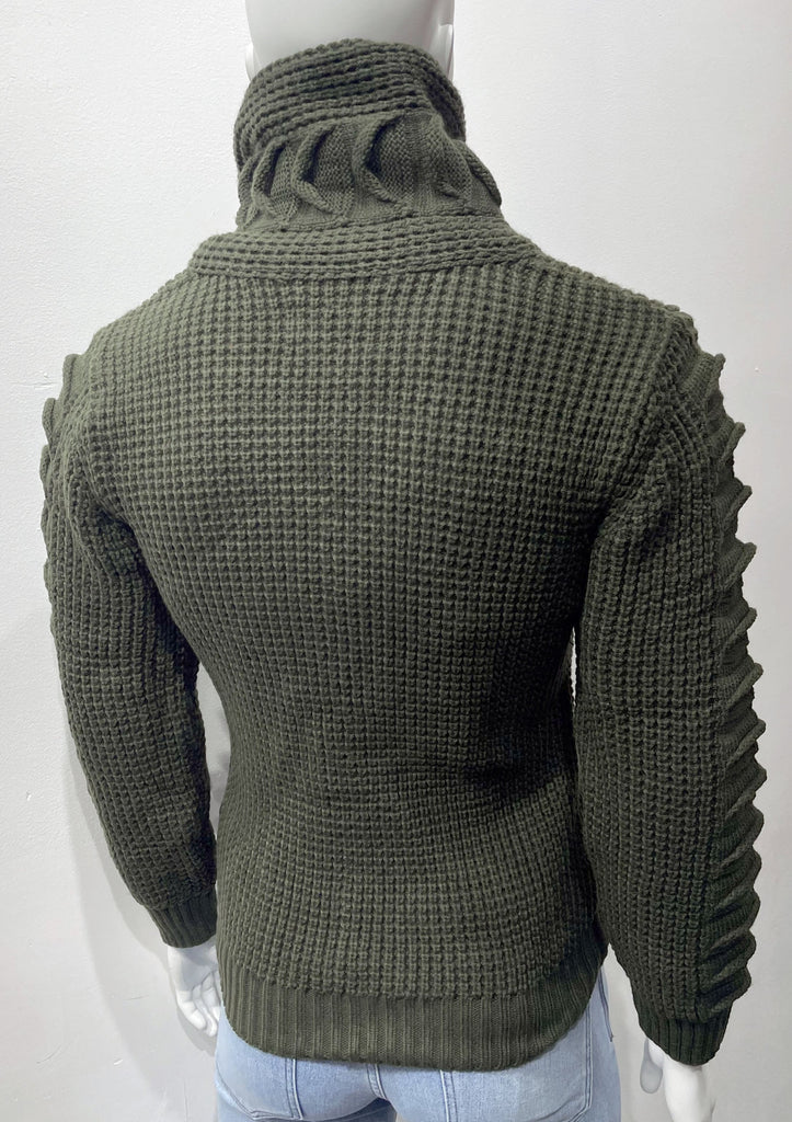 Olive high-collared cardigan sweater as seen from the back.