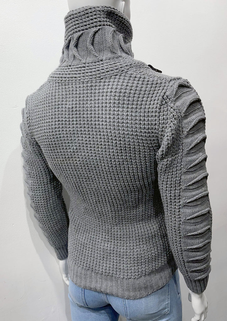 Dark grey high-collared cardigan sweater as seen from the back.