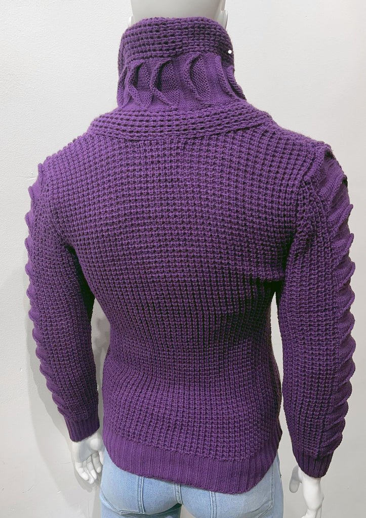 Purple high-collared cardigan sweater as seen from the back.