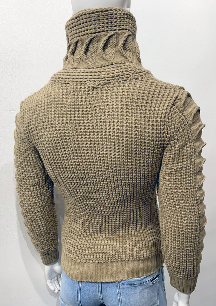 Vizon high-collared cardigan sweater as seen from the back.