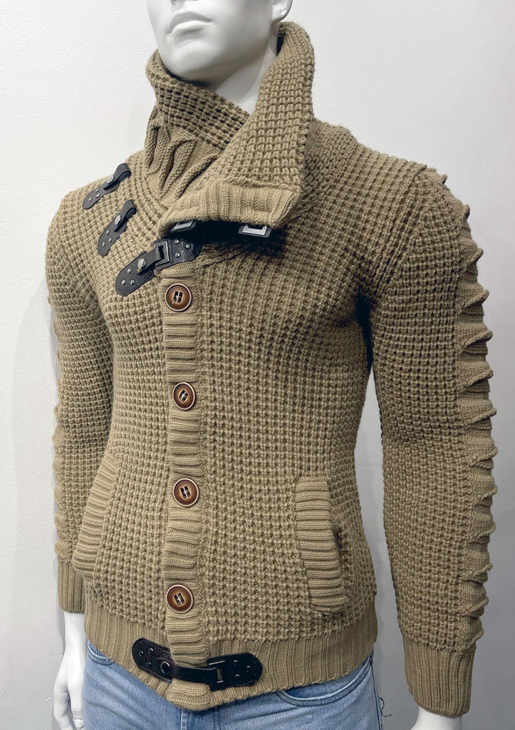 Viizon high-collared cardigan sweater as seen from the front, with large brown buttons, a brown leather latch and strap fastener in place of the top button, two brown leather straps and latch details on the right breast, and a brown latch and strap detail center-front along the hem.