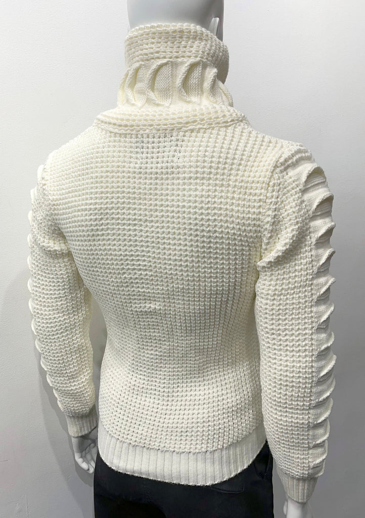 Ecru high-collared cardigan sweater as seen from the back.