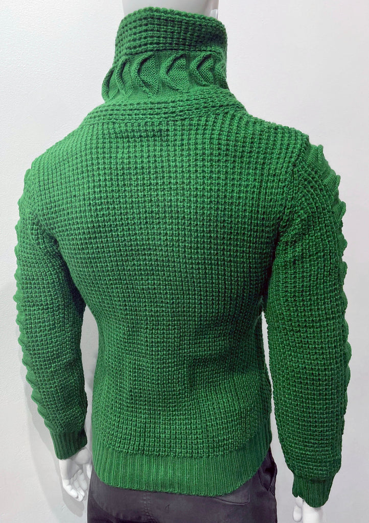 Green high-collared cardigan sweater as seen from the back.
