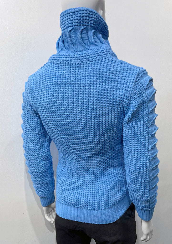 Baby-blue high-collared cardigan sweater as seen from the back.