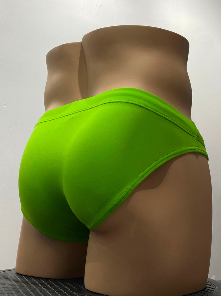 Lemon green swim brief as seen from the back.