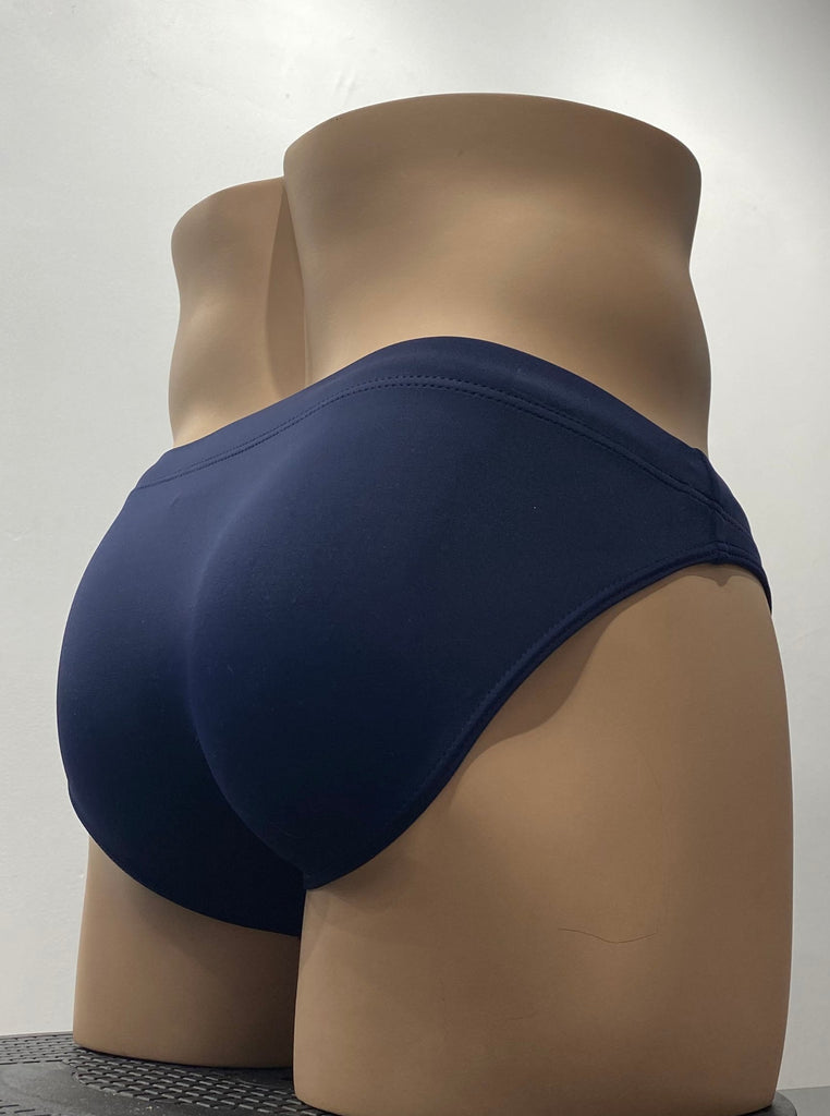 Navy swim brief as seen from the back.
