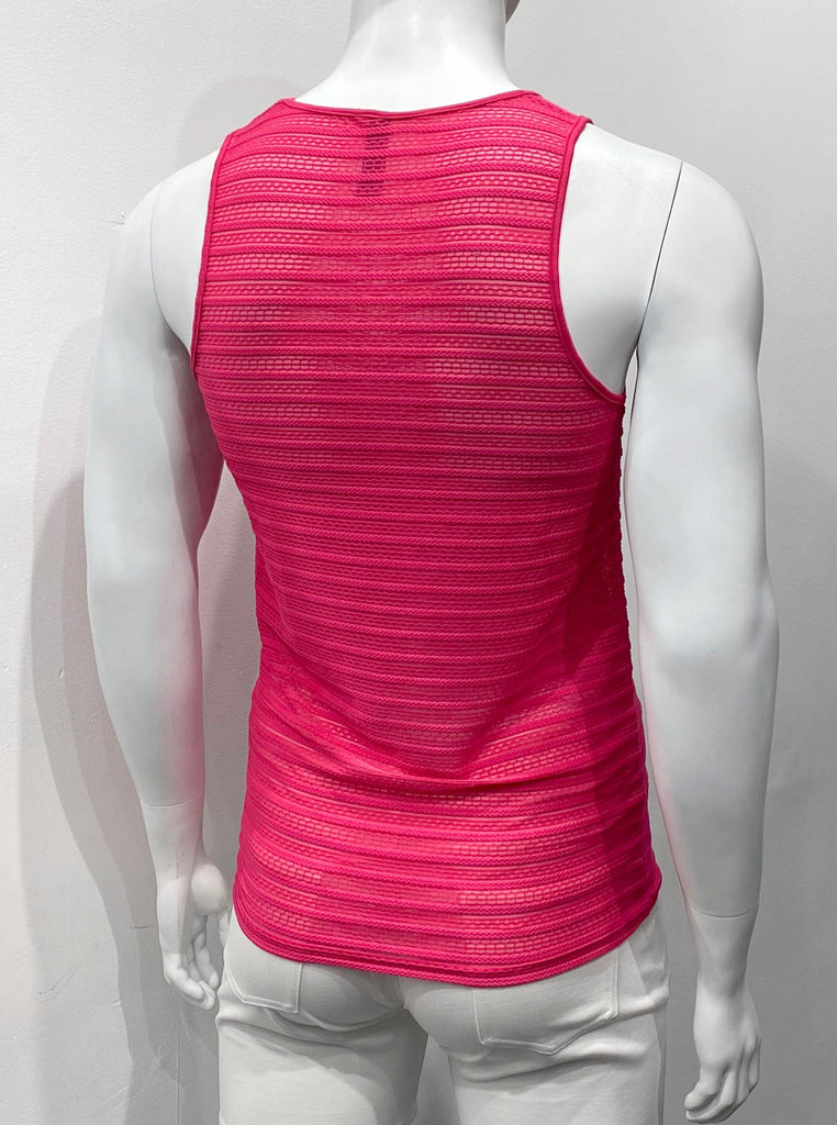 Fuchsia tank top made from mesh material as seen from the back, with a horizontal eyelet stitch cable pattern woven into the mesh.