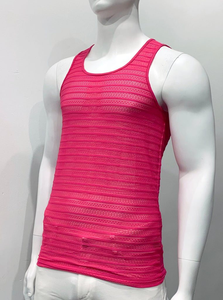 Fuchsia tank top made from mesh material as seen from the front, with a horizontal eyelet stitch cable pattern woven into the mesh.