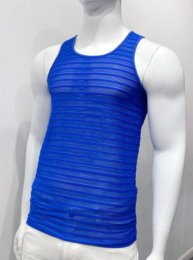 Royal blue tank top made from mesh material as seen from the front, with a horizontal eyelet stitch cable pattern woven into the mesh.