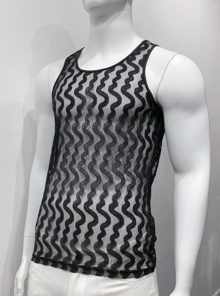 Black lace tank top made with a wavy vertical gossamer pattern woven into the lace, as seen from the front.