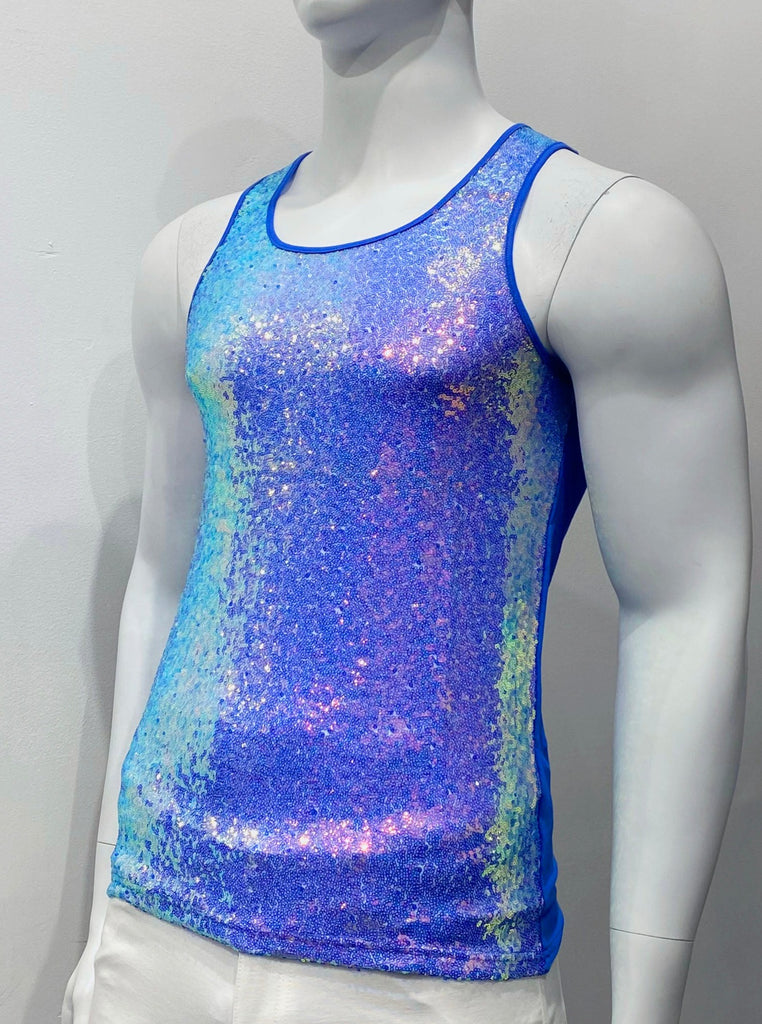 Blue and pink iridescent sequin tank top as seen from the front, with blue and pink iridescent sequins covering the front half of the garment. There is royal blue fabric piping on the outside of the shoulder straps and around the neck.