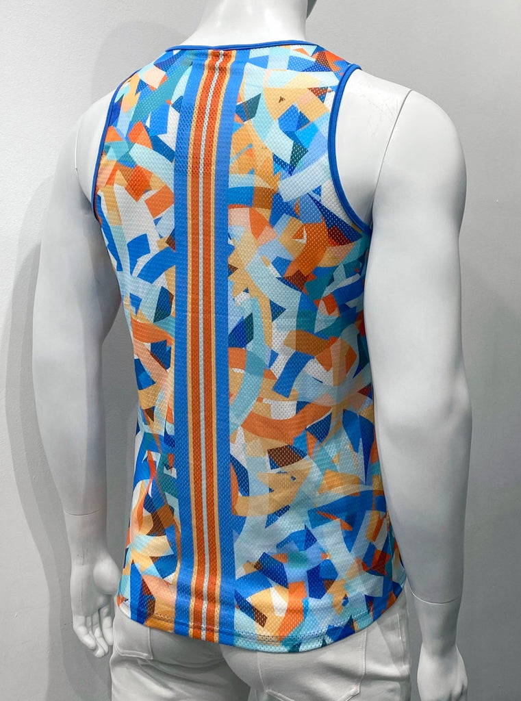  Mesh tank top with royal blue, light blue, dark orange, light orange and white ticker tape pattern, as seen from the back. There is royal blue piping around the neck and arm holes. There is a thick vertical stripe going upt the center of the back panel. The strip is made up of light blue, light orange, dark orange and white lines.