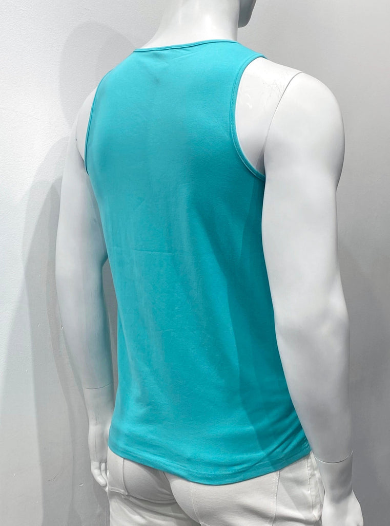 Turquoise tank top as seen from the back.