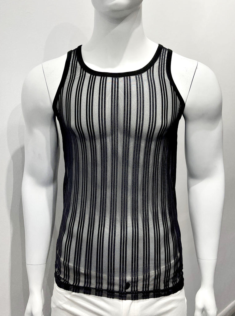 Black tank top made from mesh material as seen from the front, with a black vertical stripe pattern woven into the mesh. Each black vertical stripe is comprised of three smaller, evenly spaced black vertical stripes.