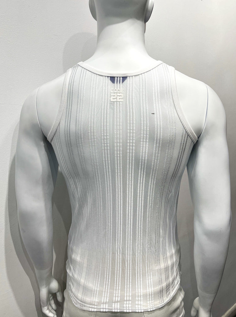 White tank top made from mesh material as seen from the back, with a white vertical stripe pattern woven into the mesh. Each white vertical stripe is comprised of three smaller, evenly spaced white vertical stripes.